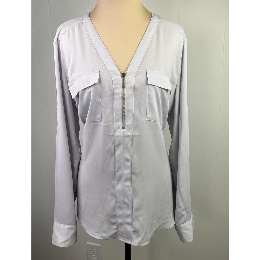 EXPRESS Women's Medium Blouse Top Blush V-Neck Light Blue Roll Tab Sleeve NWT